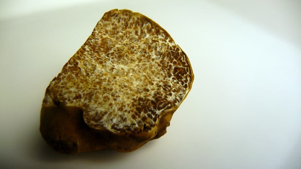 A white truffle cut open to show its marbled interior