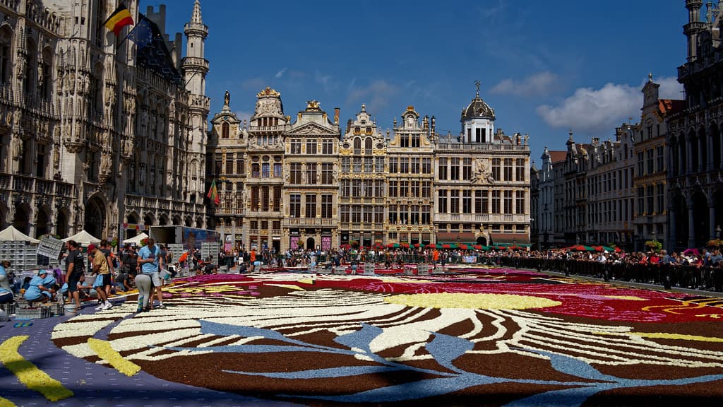A huge, multicoloured carpet of flowers in an intricate pattern covers the Grand-Place in Brussels, surrounded by guildhalls