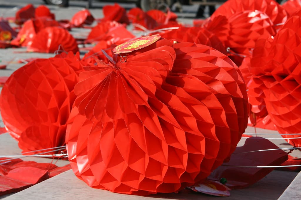 Red paper lanterns hung for Chinese New Year