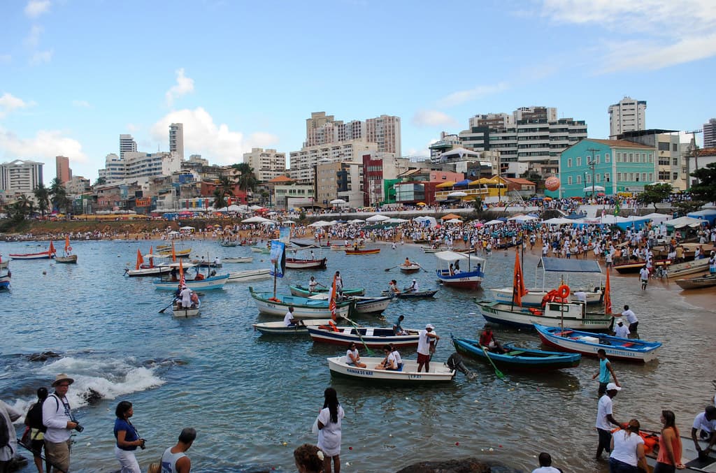 Fishing boats crowd the bay at Rio Vermelho in Salvador as offerings are carried out to sea for Iemanjá