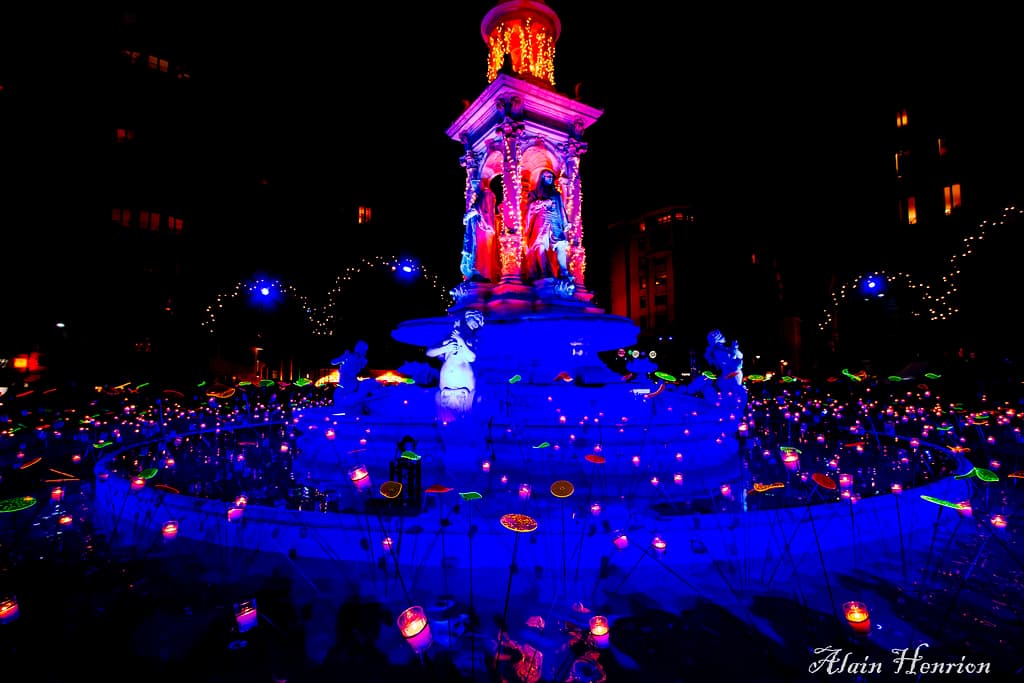 Light projections over a Lyon street during the Fête des Lumières