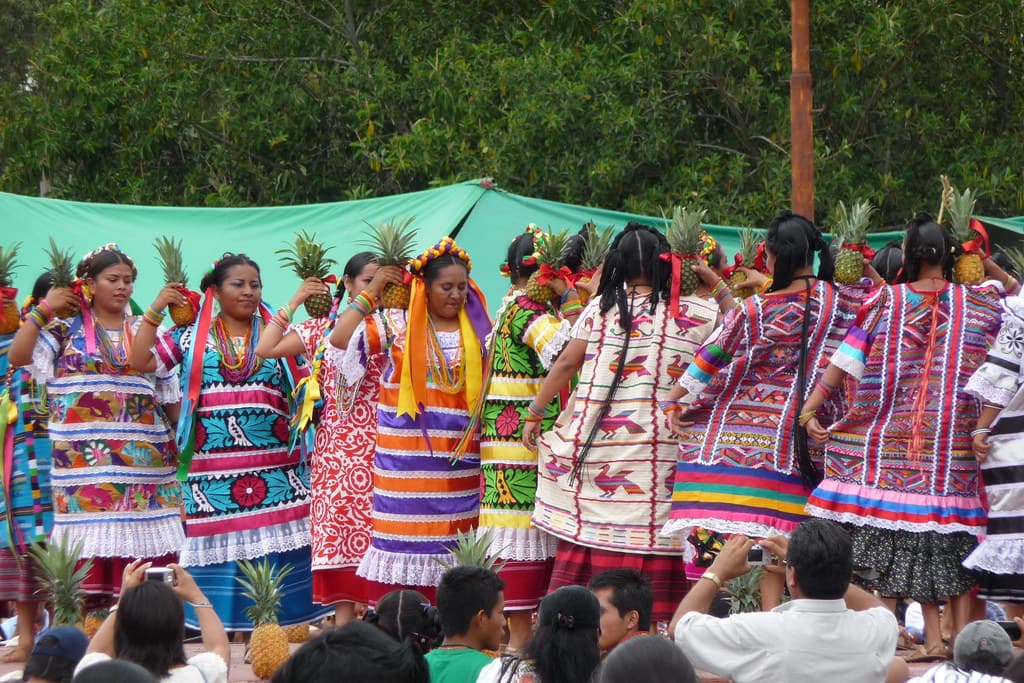 A line of Oaxacan women in embroidered huipiles dance the Flor de Piña with pineapples on their shoulders