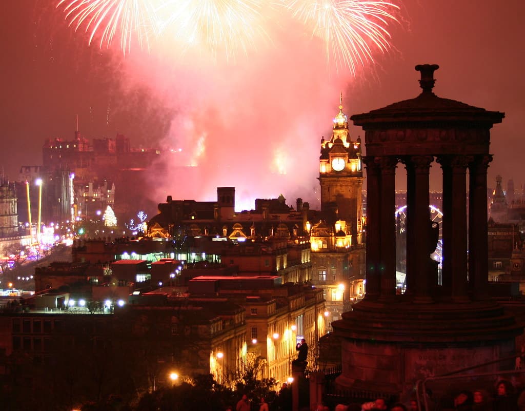 Fireworks over the Edinburgh skyline during Hogmanay
