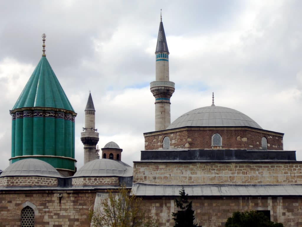 The green dome and minarets of the Mevlana Museum in Konya