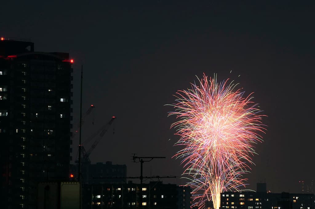 A multicoloured firework bursts beside a lit tower block in Tokyo during the Sumida River Fireworks Festival