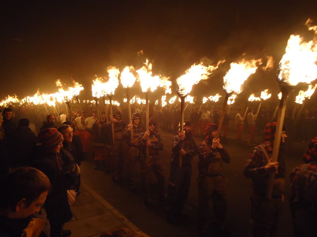 A procession of burning torches at Up Helly Aa in Lerwick