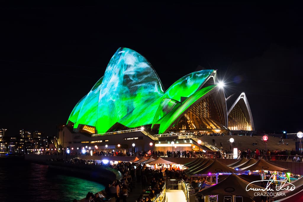 The Sydney Opera House lit with green projections during Vivid Sydney