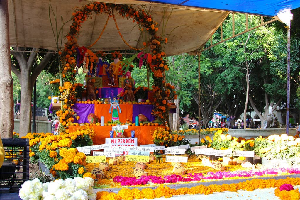 A tiered public altar under an arch of marigolds, with candles, photos and flowers, in a shaded Oaxaca square