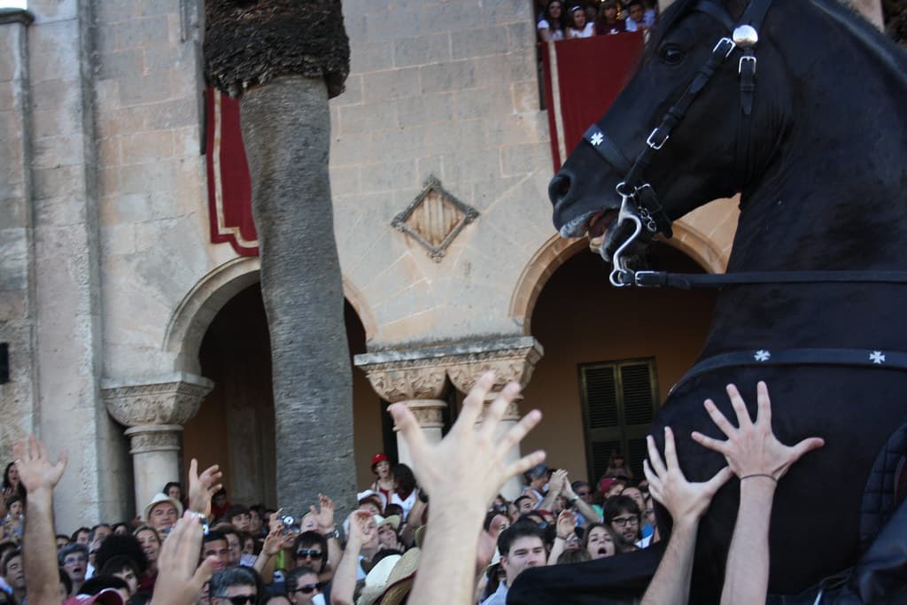A black horse rears up among outstretched hands in the crowd in front of a stone arcade in Ciutadella
